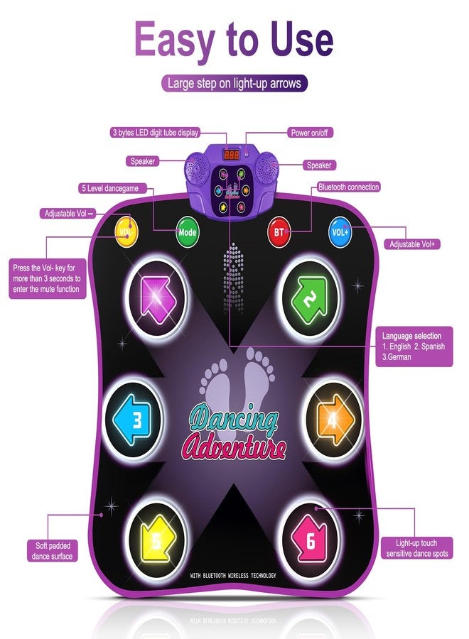 Flooyes Dance Mat Toys for 3-12 Year Old Kids, Electronic Dance Pad with Light-up 6-Button Wireless Bluetooth, Music Dance with 5 Game Modes, Birthday Toys Gifts for 3 4 5 6 7 8 9 10+ Year Old Girls - Image 2